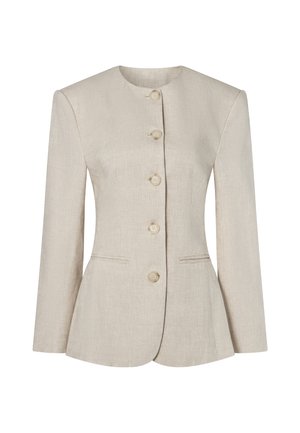 Ženski bež laneni blazer z okroglim izrezom, dolgimi rokavi, petimi gumbi spredaj in dvema diskretnima sprednjima žepoma.