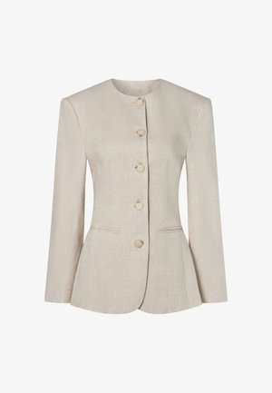 Beżowa lniana damska marynarka z okrągłym dekoltem, długimi rękawami, pięcioma guzikami z przodu i dwiema subtelnymi kieszeniami z przodu.