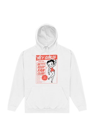 Biała bluza z kapturem z graficznym nadrukiem postaci z kreskówek z czerwonymi akcentami, wyboldowanym tekstem i dużą kieszenią z przodu.