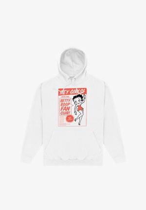 Biała bluza z kapturem z graficznym nadrukiem postaci z kreskówek z czerwonymi akcentami, wyboldowanym tekstem i dużą kieszenią z przodu.