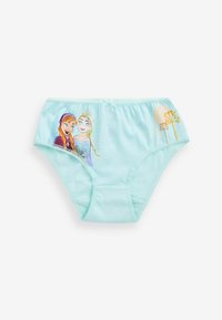 Lichtblauwe katoenen ondergoed met illustraties van twee personages aan de voorkant, met decoratieve stiksels rond de tailleband.