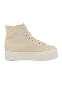 Beige high-top sneakers with canvas upper, round toe, white rubber sole, and metal eyelets for laces. Textured surface for grip.