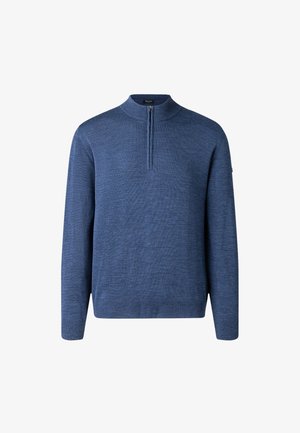 Blue knit pullover with a half-zip collar, featuring ribbed cuffs and hem. Texture appears soft and slightly textured, with a relaxed fit.