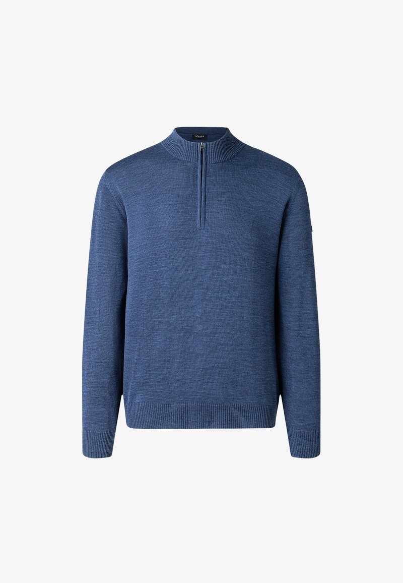 Pullover blu lavorato a maglia con colletto a mezza zip, dotato di polsini e orlo a coste. La texture appare morbida e leggermente strutturata, con una vestibilità comoda.