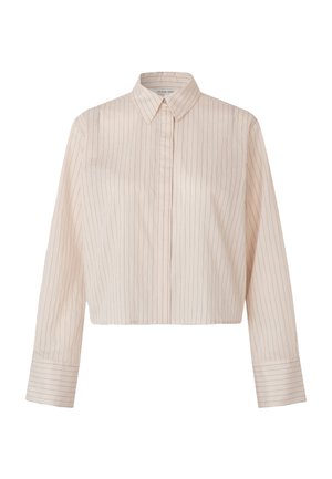 Beige cropped overhemd met knopen, voorzien van dunne verticale bruine strepen, lange mouwen, brede manchetten en een puntige kraag.