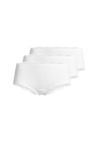Drei Paare weißer Slips aus weichem Stoff, mit zarten Spitzenbesätzen entlang der Taille und Beinöffnungen.