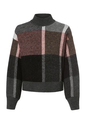 Pull en laine mélangée à col roulé avec des poignets et un ourlet côtelés, présentant un grand motif à carreaux dans des tons noirs, gris, rose et marron.
