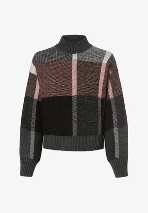 Wollmischung-Rollkragenpullover mit gerippten Bündchen und Saum, mit großem Karomuster in Schwarz, Grau, Rosa und Brauntönen.