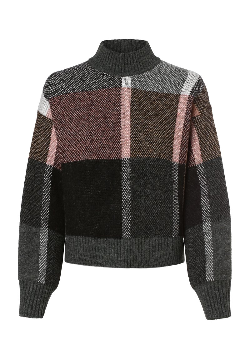 Pull en laine mélangée à col roulé avec des poignets et un ourlet côtelés, présentant un grand motif à carreaux dans des tons noirs, gris, rose et marron.