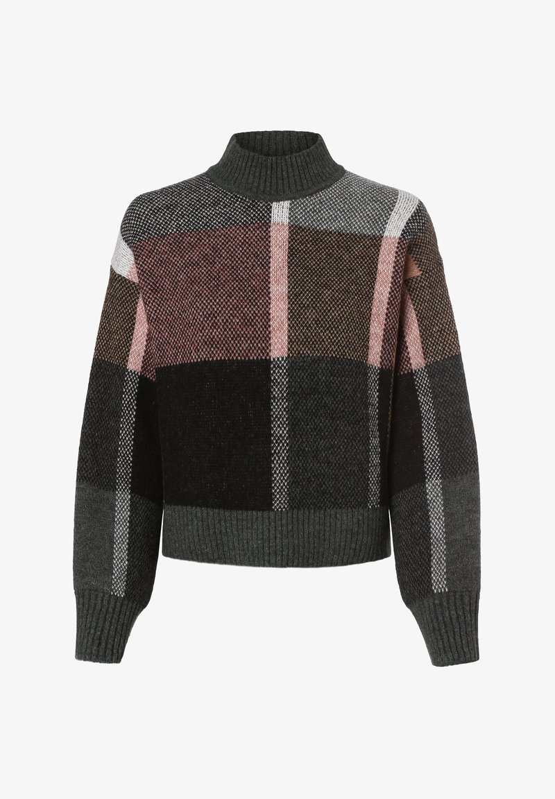 Maglione a collo alto in misto lana con polsi e orlo a coste, caratterizzato da un ampio motivo a quadri nei toni del nero, grigio, rosa e marrone.