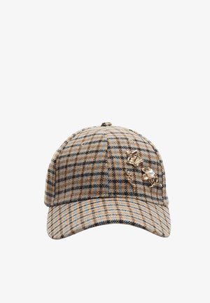 Überprüfte Kappe in Beige-, Braun- und Blautönen, mit einer Blumenbrosche aus Perlen. Weicher Stoff mit einem strukturierten Schirm.