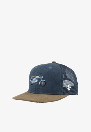 Blaue Kappe mit einem braunen Wildleder-Schirm, Mesh-Seiten und gesticktem Motorraddesign. Verfügt über einen verstellbaren Rücken und ein Logodetail an der Seite.