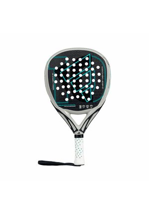 Black paddle racket with a textured surface, turquoise accents, and white perforations, featuring a white dotted grip and a wrist strap.