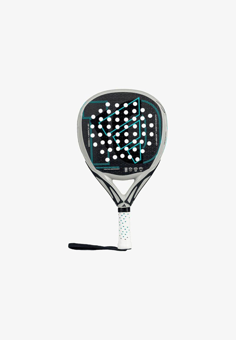 Raquette de paddle noire avec une surface texturée, des accents turquoise et des perforations blanches, équipée d'une poignée à points blancs et d'une sangle de poignet.