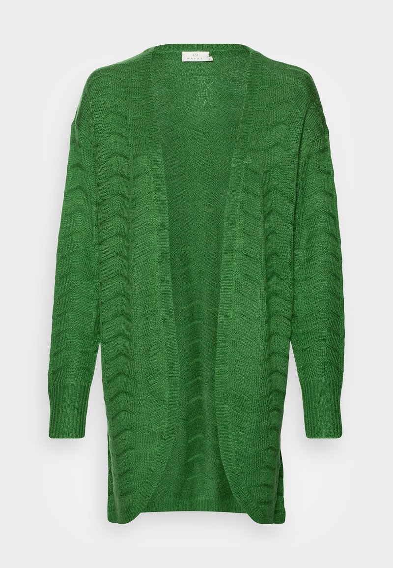 Long cardigan vert tricoté à ouverture frontale avec manches longues et motif texturé sur un fond uni.