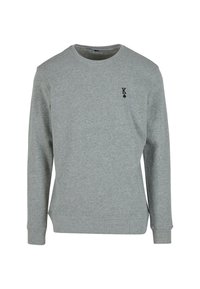 Sweatshirt gri lung cu mânecă lungă, realizat dintr-un amestec de bumbac, având guler rotund, manșete ribbate și un mic logo negru cu un design în formă de inimă pe piept.