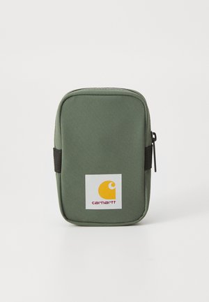 Green fabric pouch with a rectangular shape, featuring a front logo in yellow and maroon. Zipper closure and black fabric accents.