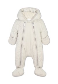 Combinaison de neige en beige clair rembourrée avec une capuche, dotée de deux zips avant, d'un intérieur doux et de chaussons intégrés pour chaleur et protection.