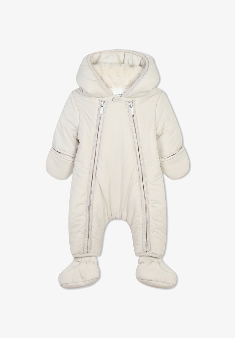 Combinaison de neige en beige clair rembourrée avec une capuche, dotée de deux zips avant, d'un intérieur doux et de chaussons intégrés pour chaleur et protection.