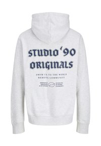 Gray hoodie with a double-layer hood, featuring large navy text graphics. The back includes various printed phrases and a signature detail.
