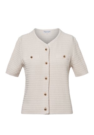 Beige Kurzarm-Cardigan aus strukturiertem Strickstoff mit V-Ausschnitt, ausgestattet mit goldenen Knöpfen und zwei Brusttaschen.