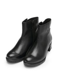 Schwarze Lederstiefeletten mit glatter Textur, spitz zulaufender Zehenpartie und niedrigem Blockabsatz; verfügen über seitliche Reißverschlüsse für ein einfaches An- und Ausziehen.