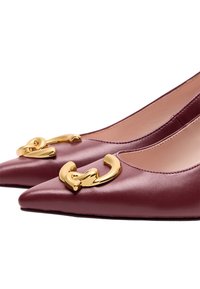 Ballerine in pelle bordeaux a punta con un accento in hardware dorato sulla punta. Texture liscia, design elegante e silhouette a bassa scollatura.