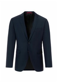 Marineblauwe blazer met een slim fit, een enkele knoopsluiting, twee voorkantzakken, geknipte revers en een contrasterende binnenvoering.