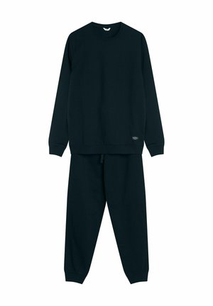 Schwarzes Sweatshirt mit langen Ärmeln und passenden Jogginghosen. Aus glattem Stoff gefertigt, mit einem minimalistischen Design und elastischen Bündchen sowie einem elastischen Taillenbund.