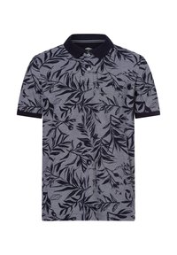 Korte mouw polo-shirt in marineblauw en grijs met een bladerenpatroon, voorzien van een kraag, drie knoopsluitingen en textiel met structuur.