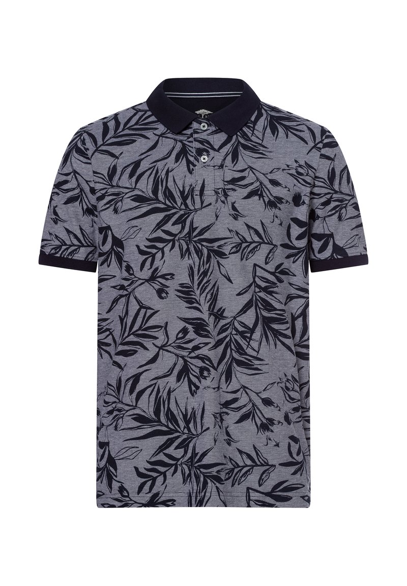 Korte mouw polo-shirt in marineblauw en grijs met een bladerenpatroon, voorzien van een kraag, drie knoopsluitingen en textiel met structuur.