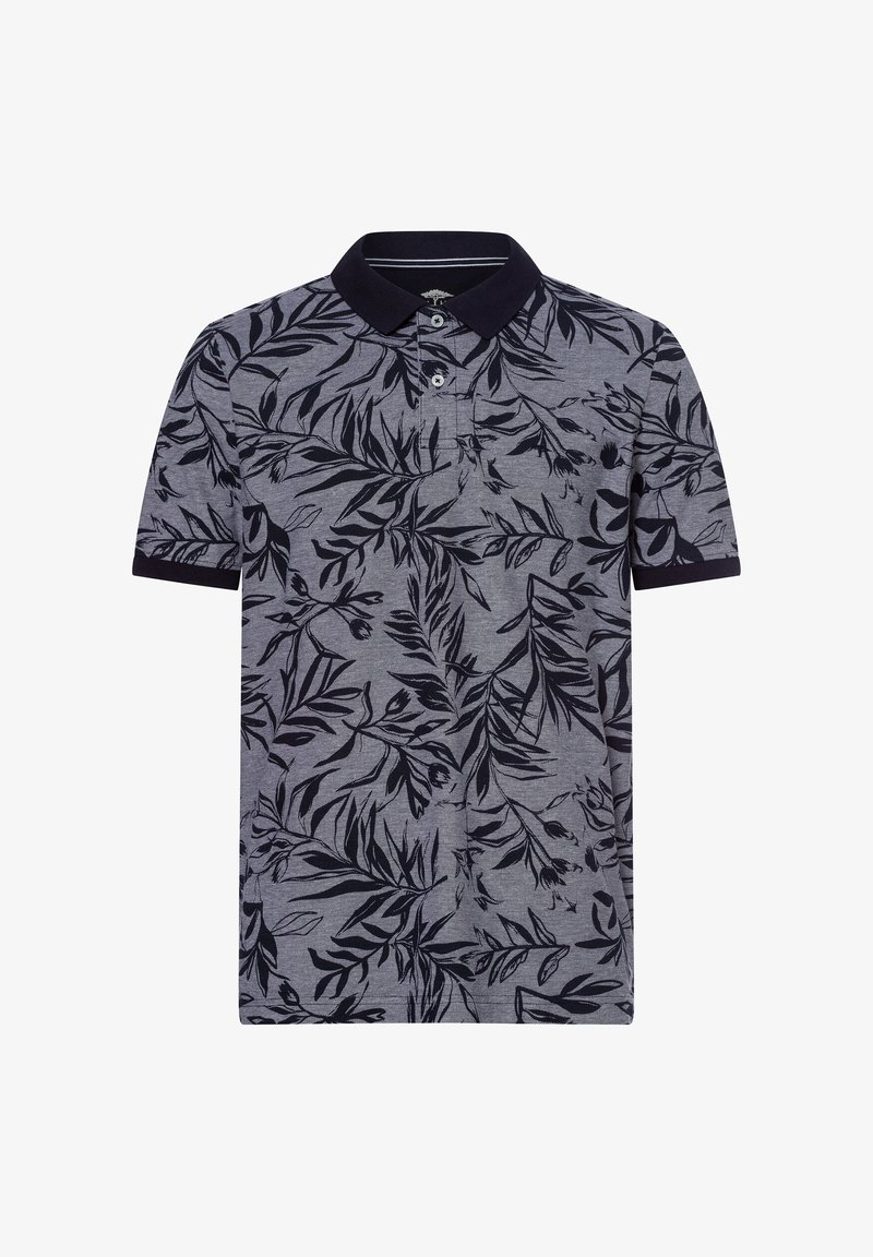 Korte mouw polo-shirt in marineblauw en grijs met een bladerenpatroon, voorzien van een kraag, drie knoopsluitingen en textiel met structuur.