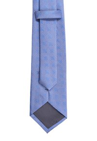 Cravatta blu con texture e un motivo sottile, punta appuntita e un lato inferiore in tessuto scuro con fine rigatura. Design piegato con un anello di supporto.
