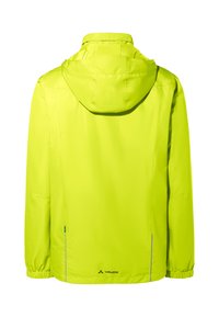 Heldere gele regenjas met capuchon, waterafstotende stof, elastische boorden en een eenvoudig ontwerp. Logo geplaatst op de onderrug.