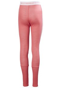 Růžové sportovní legíny s texturovanou tkaninou, s bílým pasem s logem "Helly Hansen" a bezšvovým detailem na kotnících.