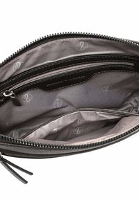 Black zippered clutch with multiple compartments; interior features a gray lining with subtle logos. Textured fabric exterior with smooth zipper.