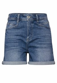 Tummansiniset farkkushortsit, joissa on kääritty helma, viisi taskua ja kontrastiväriset saumat. Varustettu metallinappisuljennalla ja vetoketjulla.