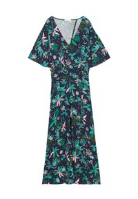Floraljumpsuit mit kurzen Ärmeln; marinefarbener Stoff mit grünen Blättern, pinken Blumen und Tiermustern; V-Ausschnitt, lockere Passform.