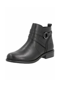 Bottines noires en cuir lisse, dotées de deux sangles avant avec un accent circulaire et d'un petit talon carré. Le design est élégant et moderne.