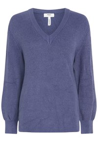 Pull à col en V, manches longues, en maille légère texturée. Couleur violet pâle, avec poignets et ourlet côtelés pour une coupe décontractée.