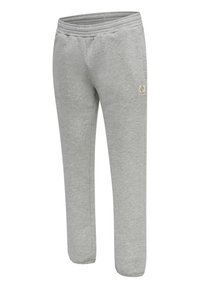 Jasnoszare polarowe spodnie dresowe z elastycznym pasem i mankietami, z małą prostokątną naszywką z logo na górnej części uda.