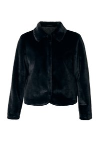 Svart faux fur-jacka med krage, långa ärmar och knappstängning. Mjuk textur med en slät finish. Skräddarsydd passform, utan synliga mönster.