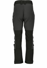 Schwarze und graue Outdoor-Hosen mit strukturiertem Finish, verstärkten Kniesegmenten, Seitentaschen und einem Gürtelbund.