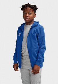 Blå hættejakke med lynlås lavet af blødt stof, med to forlommer og et logo på brystet. Båret over en grå t-shirt og joggingbukser.