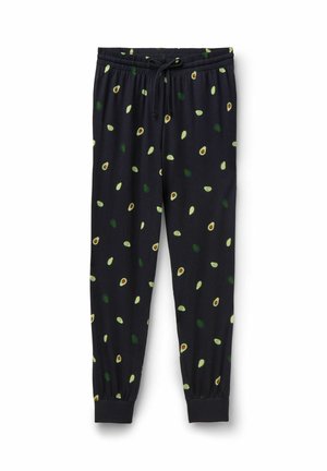 Pantaloni jogger neri con vita e polsini elastici, decorati con un motivo sparso di piccoli mezzi avocado in tonalità di verde.