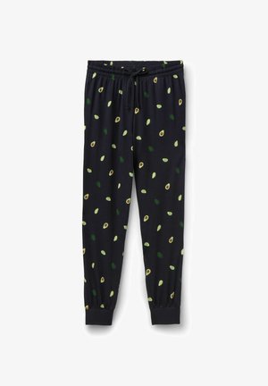 Schwarze Jogginghosen mit elastischem Bund und Bündchen, verziert mit einem verstreuten Muster kleiner Avocadohälften in Grüntönen.