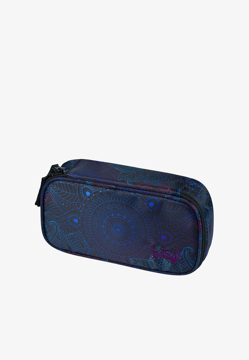 Czarny piórnik z misternymi niebieskimi i fioletowymi wzorami mandali, z zamknięciem na zamek błyskawiczny, w kształcie prostokątnym i wykonany z trwałego materiału.