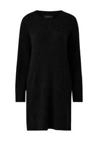 Robe pull en maille côtelée noire avec manches longues et col rond. Le tissu texturé présente un léger éclat et une coupe décontractée.