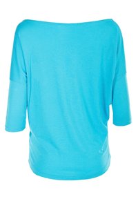 Light blue, loose-fitting top with three-quarter sleeves, boat neck design, and smooth texture. Back view shows soft fabric drape.