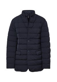 Marineblauer Daunenjacke mit Stehkragen, ausgestattet mit einer Knopfschlussleiste, zwei Fronttaschen und einem gesteppten Design für zusätzliche Textur und Wärme.